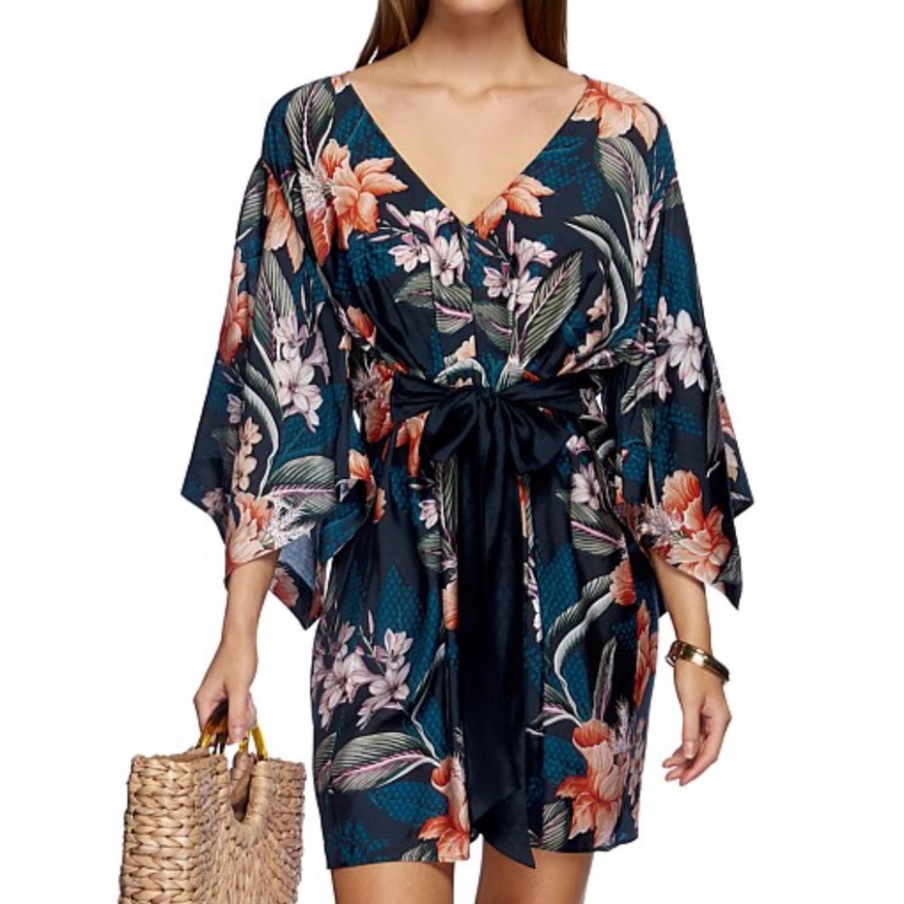 JETS size S Serendipity kaftan/cover up, tropical print on blue background BNWT - Picture 1 of 12